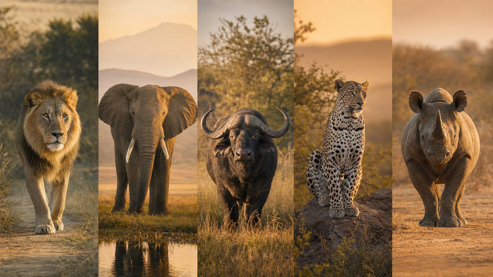 Leão, elefante, búfalo, leopardo e rinoceronte, os Big Five da África