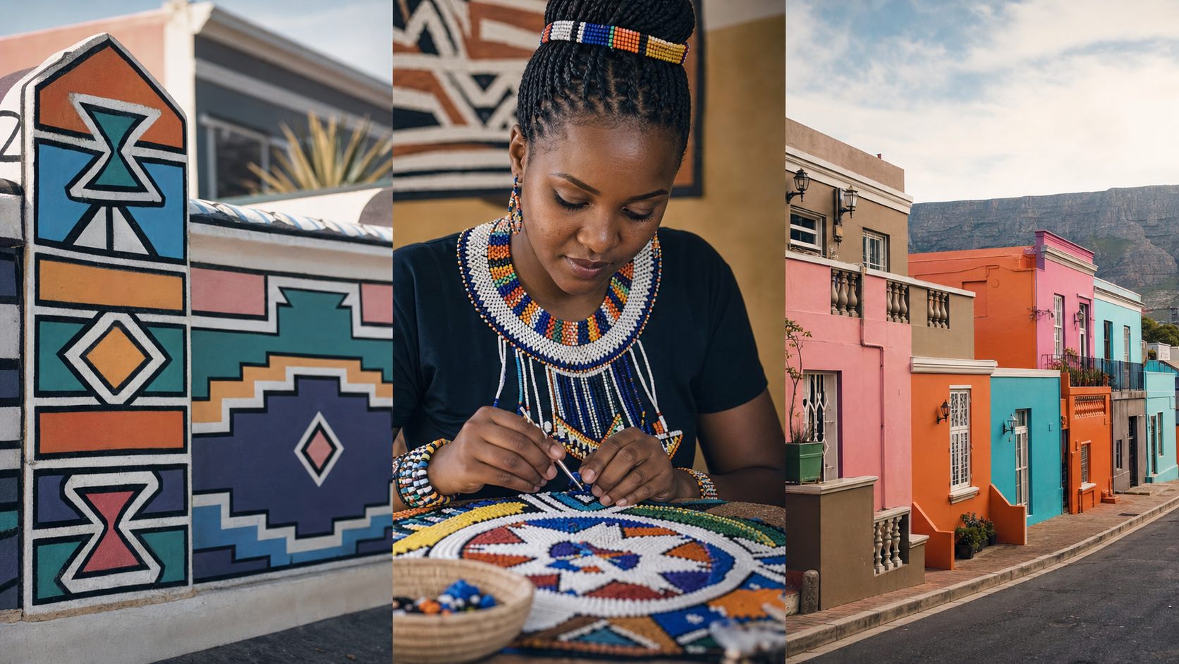 Arte geométrica Ndebele, artesã produzindo trabalho em contas e fachadas coloridas de Bo-Kaap